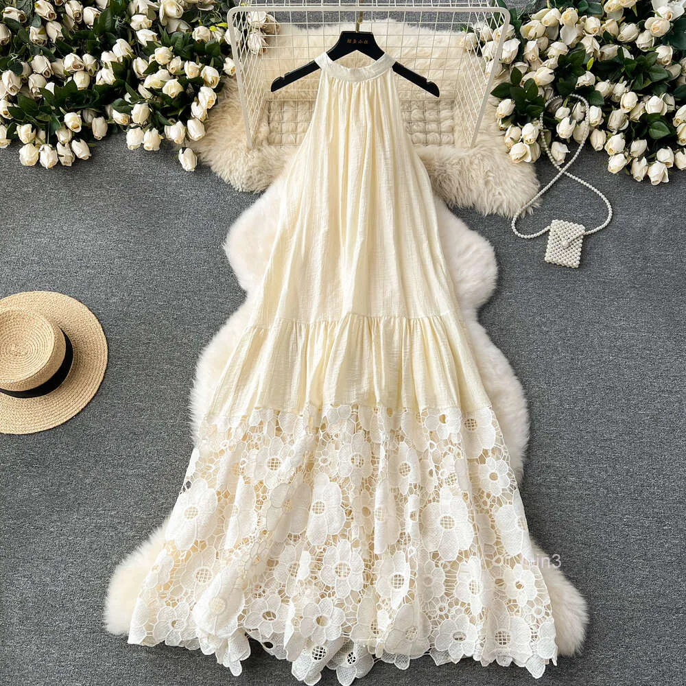 High end neck hanging holiday dress with a thousand gold style dress high-end light luxury niche embroidery hollowed out lace dress High end neck hanging holiday dress with a thousand gold style dress high-end light luxury niche embroidery hollowed out lace dress