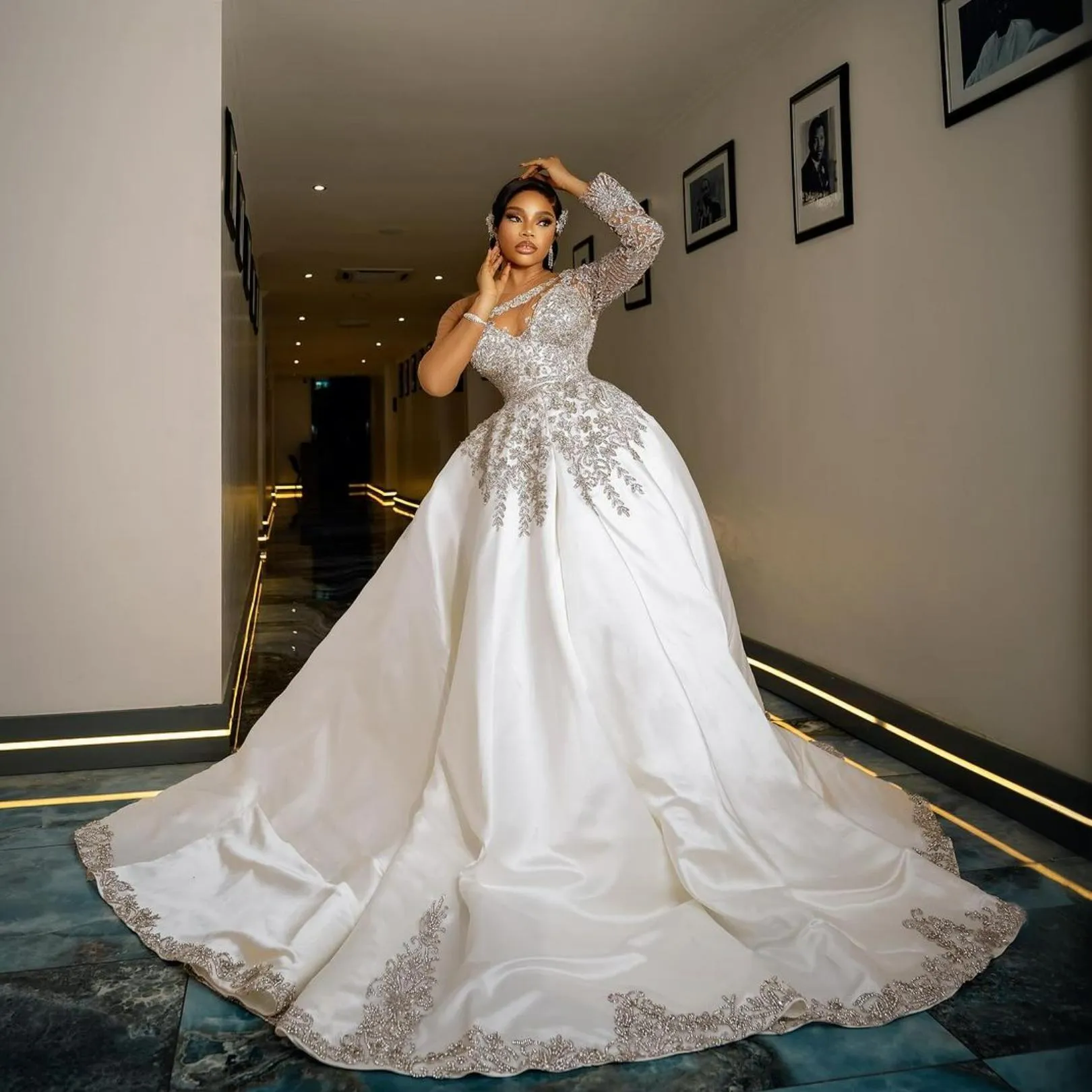African Wedding Attire: Elegant Long Sleeve Satin Bridal Gowns