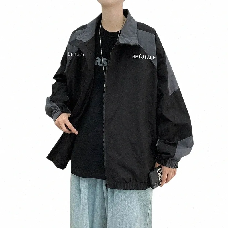 Mens Baseball Jacket with Contrasting Color Stitching Stand Collar