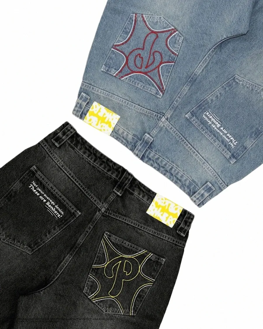 めめ！ Y2K Patch Print Wide Denim Mens Denim Pants Y2K Jeans Vintage Fashion Streetwear