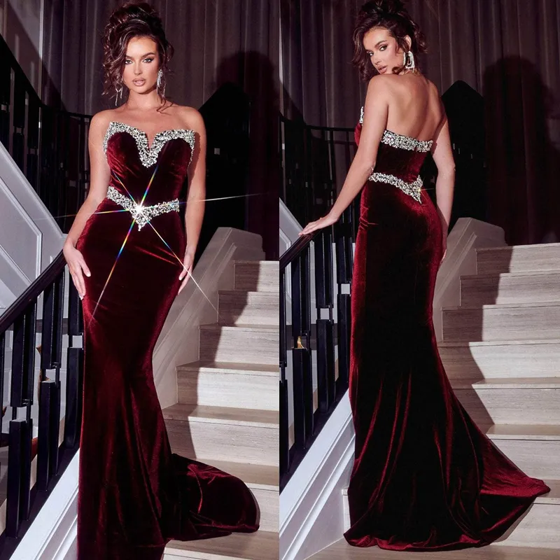 Elegant Burgundy Velvet Mermaid Evening Dresses Crystals Beaded ...