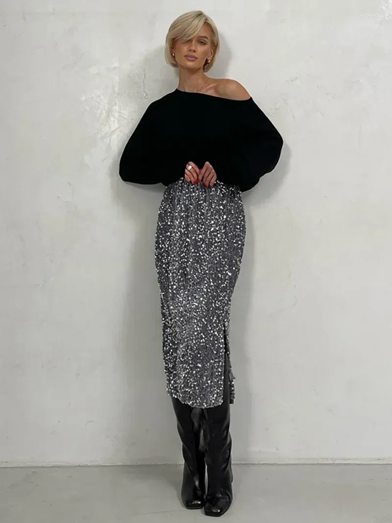 DHgate Sequin Skirts for Women Shiny Elegant Vintage Evening Party Midi Skirt High Waist Slit Bodycon Pencil Skirts Apparel