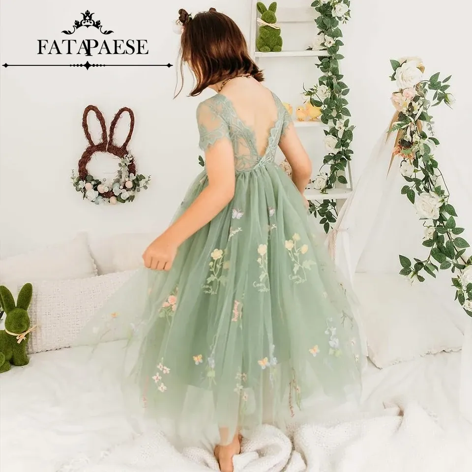 Sage Green Floral Tulle Flower Girl Dress Sleeveless Junior Bridesmaid  Gown