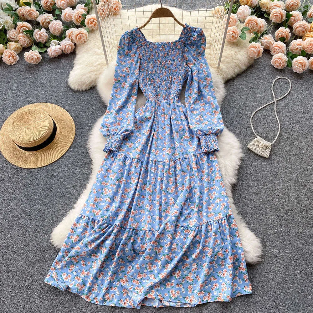 French Floral Long Dress: Sweet Gentle Wind Floral Print