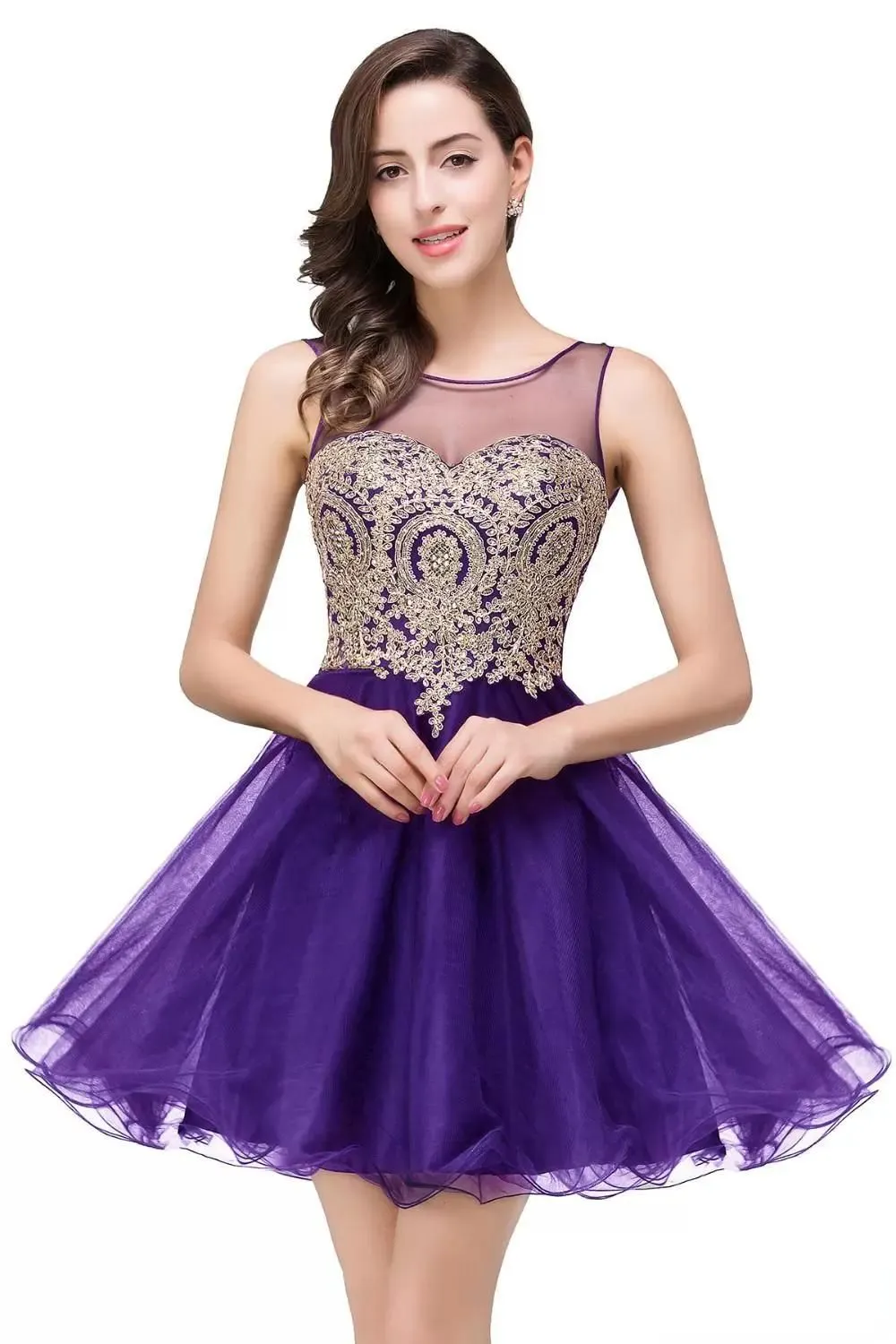 fitted lace wedding dress V Neck Backless Purple Tulle Prom Dresses with Belt, Backless Purple H –  morievent