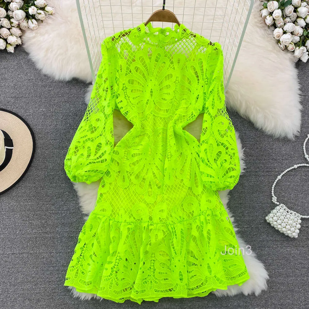Court Style Stand Collar Bubble Sleeve Waist Shrink Slim A-line Ruffle Hook Flower Hollow Water Soluble Lace Dress Court Style Stand Collar Bubble Sleeve Waist Shrink Slim A-line Ruffle Hook Flower Hollow Water Soluble Lace Dress
