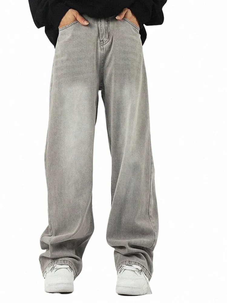 Vintage Y2K Men Baggy Jeans Oversize Mop Punk Denim Pants Grey