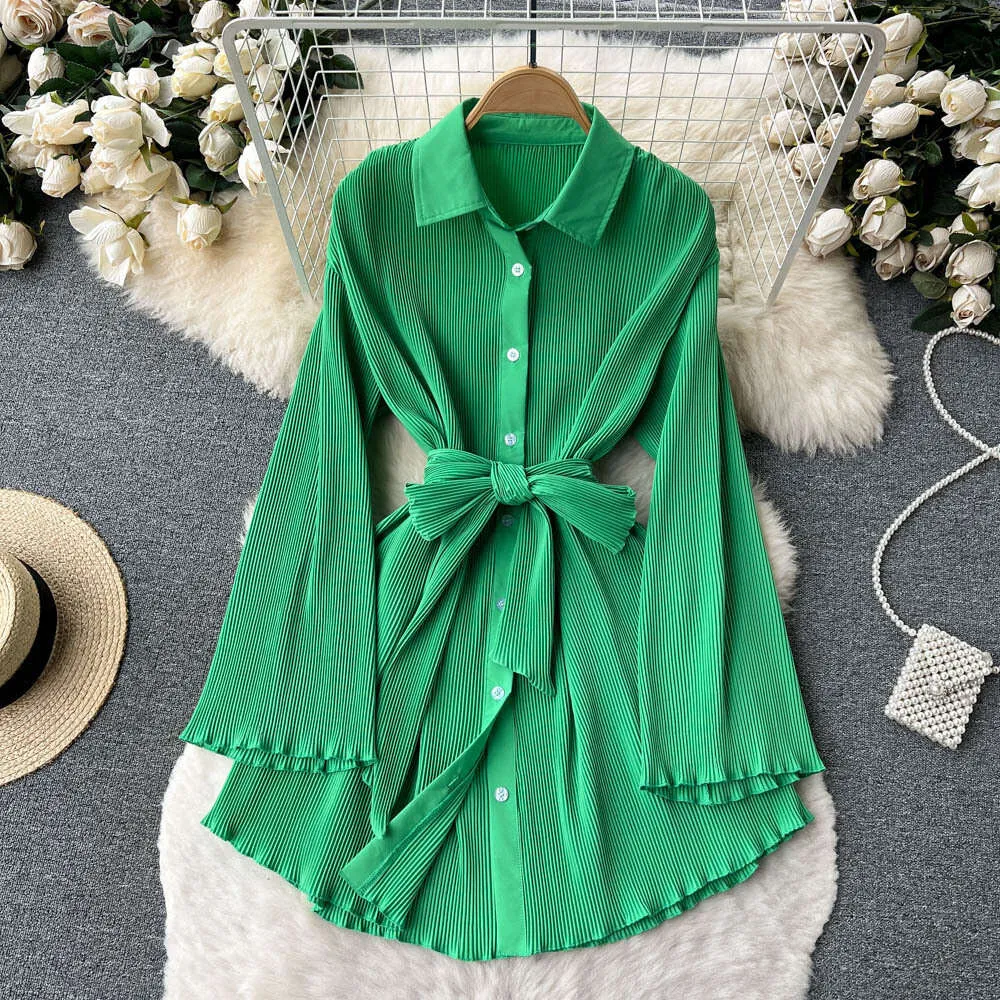 Flare Sleeve White Dress: Mid Length Polo Neck Shirt Dress With Ruffle Edge  And Wrapped Waist For Spring/Autumn From Join3, $30.76 In Bulk | DHgate.Com