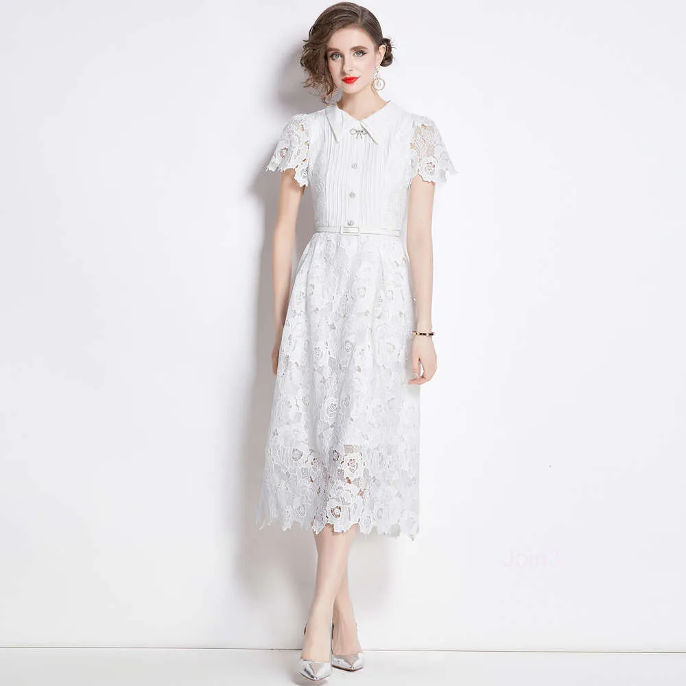 White Lace Summer Dress with Puff Short Sleeves and Wrapped Empire ...