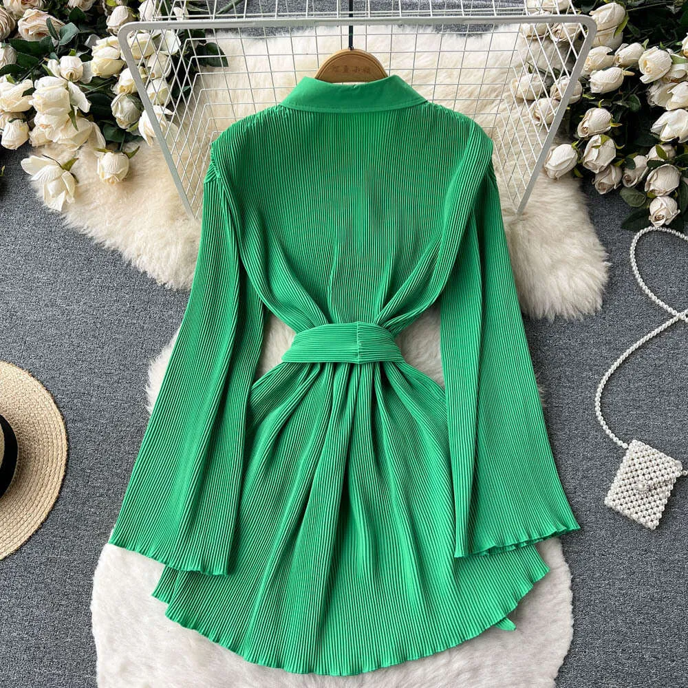 Elegant Medium Length Neck dress with Flare Sleeves, Waist Wrap, and Ruffle Edge - Perfect for Spring and Autumn Seasonal Occasions Elegant Medium Length Neck dress with Flare Sleeves, Waist Wrap, and Ruffle Edge - Perfect for Spring and Autumn Seasonal Occasions