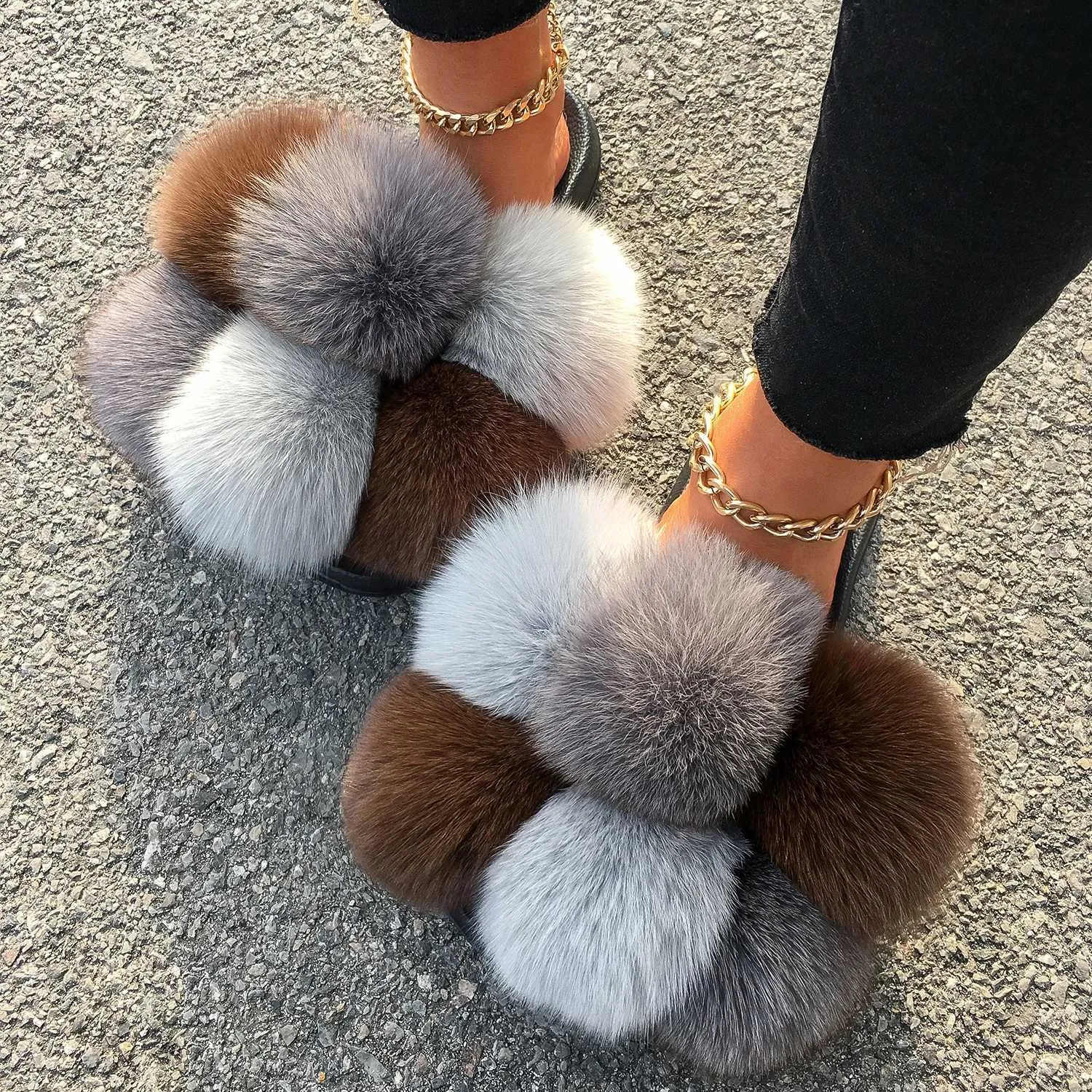 Real Fur Pom Pom Slippers for Women Plush Flip Flops Fluffy