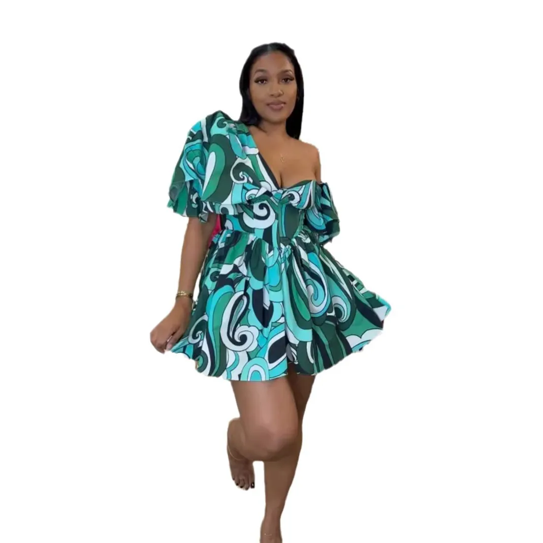 Summer Dress Women Green One-Shoulder Polyester Mini Flared Sleeve Empire  Waist S-3XL from Dhgate Basic & Casual Dresses - price 21.11