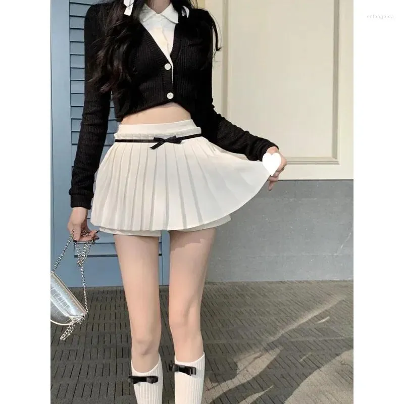Pleated Mini Skirt: Y2K Bow Bandage High-Waist A-Line