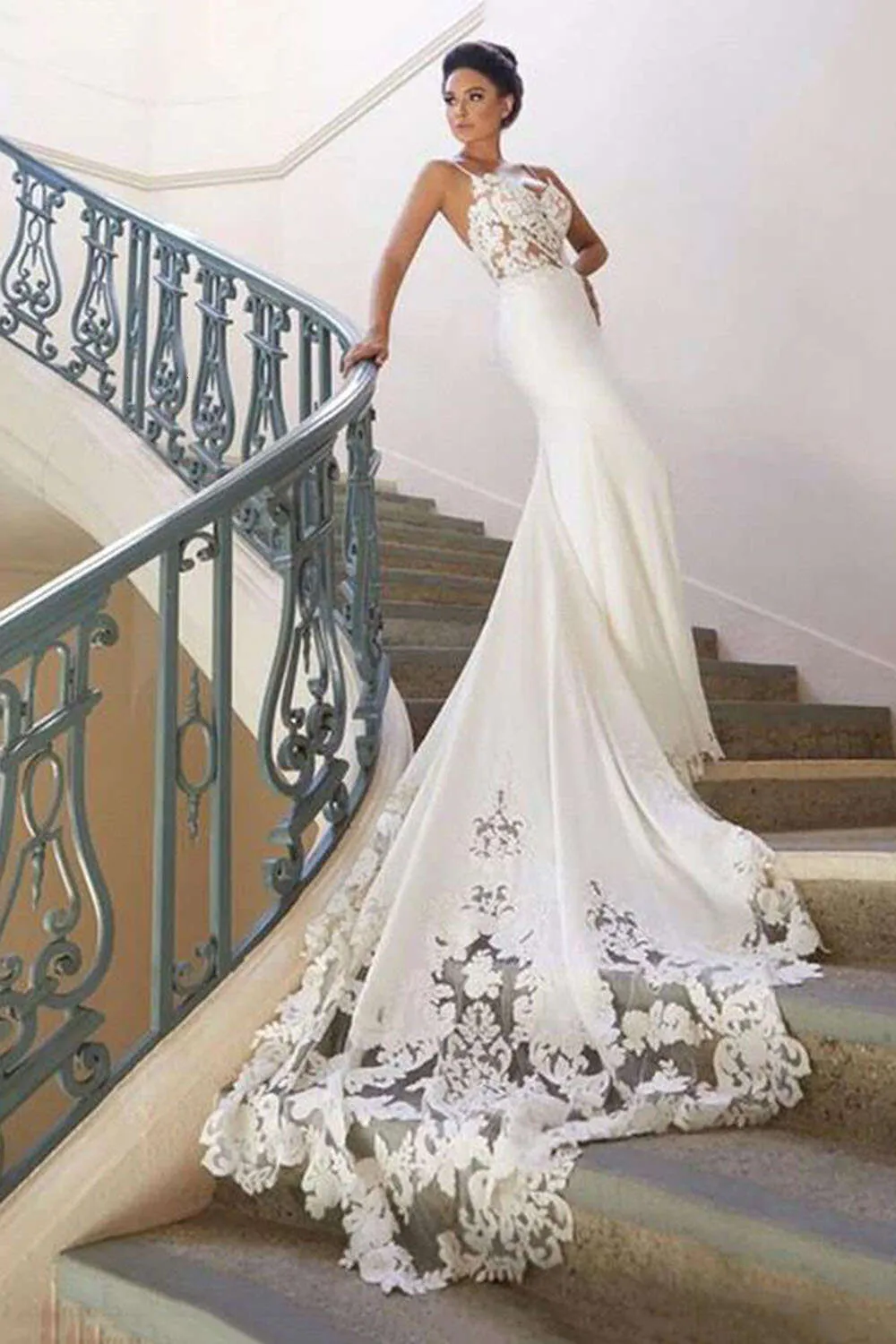 Sexy Spaghetti Straps Mermaid Wedding Dress With Lace Appliques