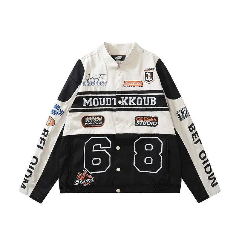Embroidered Varsity Jacket with Racing Patchwork Embroidery Retro