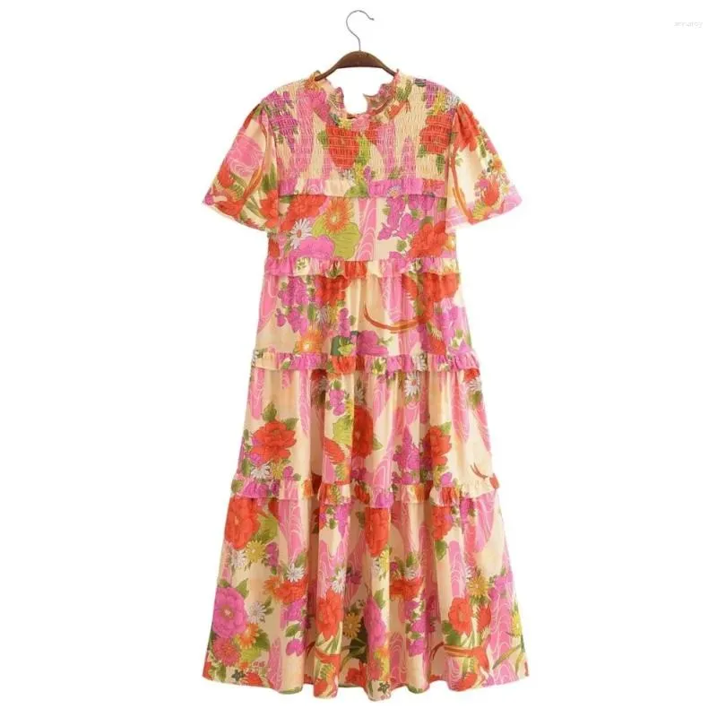 BOHO Orange Flower Bird Print Midi Dress - Short Sleeve, Hippie Style with Tie bow Back Neck and Elastic Shoulder - Perfect for Parties and Holidays (