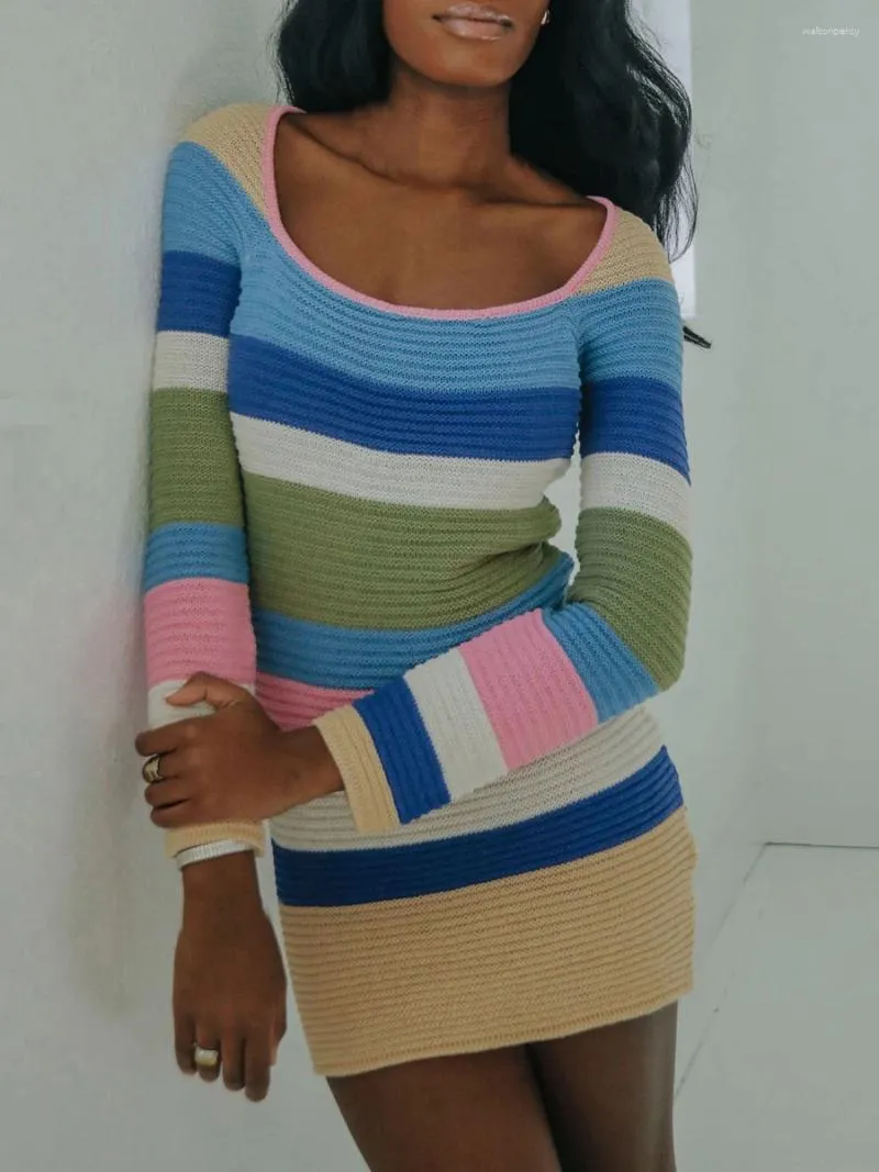 Women's Crochet Knit Long Sleeve Dress with Color Block Stripe and Square Neckline - Perfect for Casual Wear, Beachwear, and Sweater Days