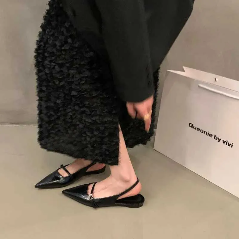 Sandalen Neues Design Frauen Veet Mokassins Mode Spitzschuh Halbschuhe Damen 2024 Frühling Schwarze BallerinasL464_voghion.com