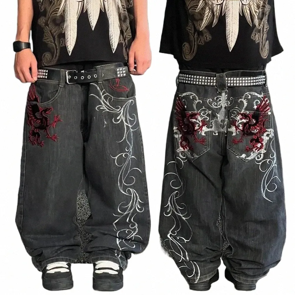 Embroidered Y2K Hip Hop Style Unisex Baggy Jeans: Black Punk Gothic Trousers