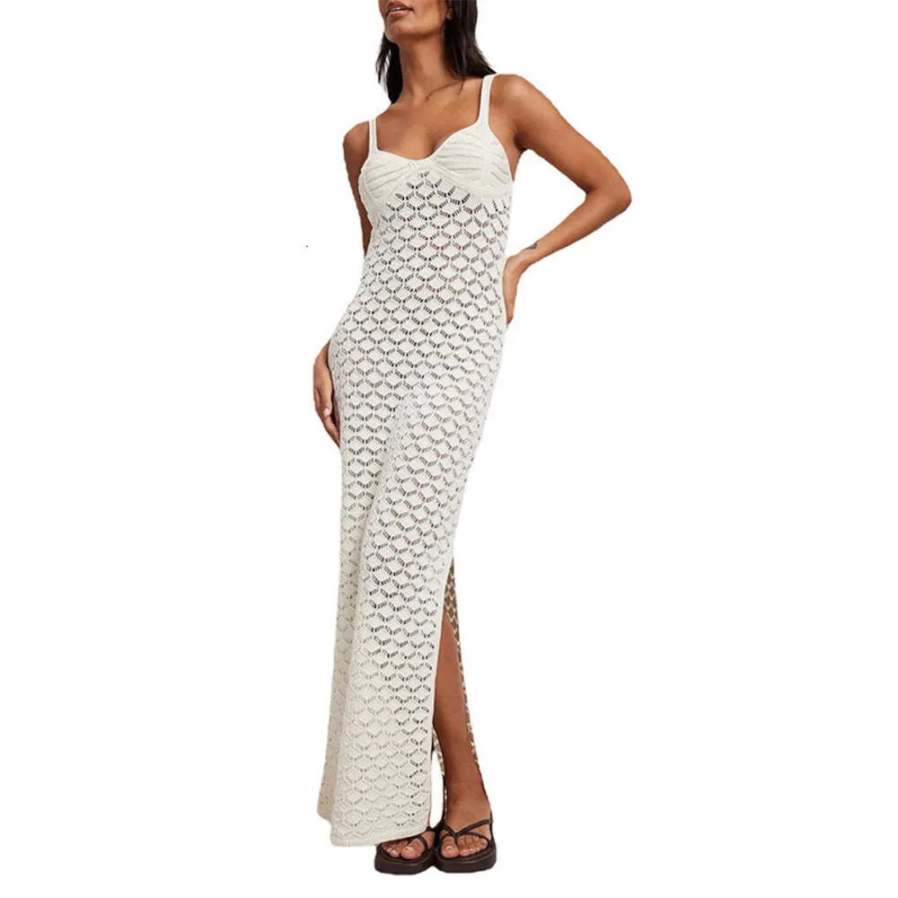 Summer Holiday Style Knitted Long dress for Women - 24SS Sling dress with Side Split, Open Back, and Cutout Pattern Summer Holiday Style Knitted Long dress for Women - 24SS Sling dress with Side Split, Open Back, and Cutout Pattern
