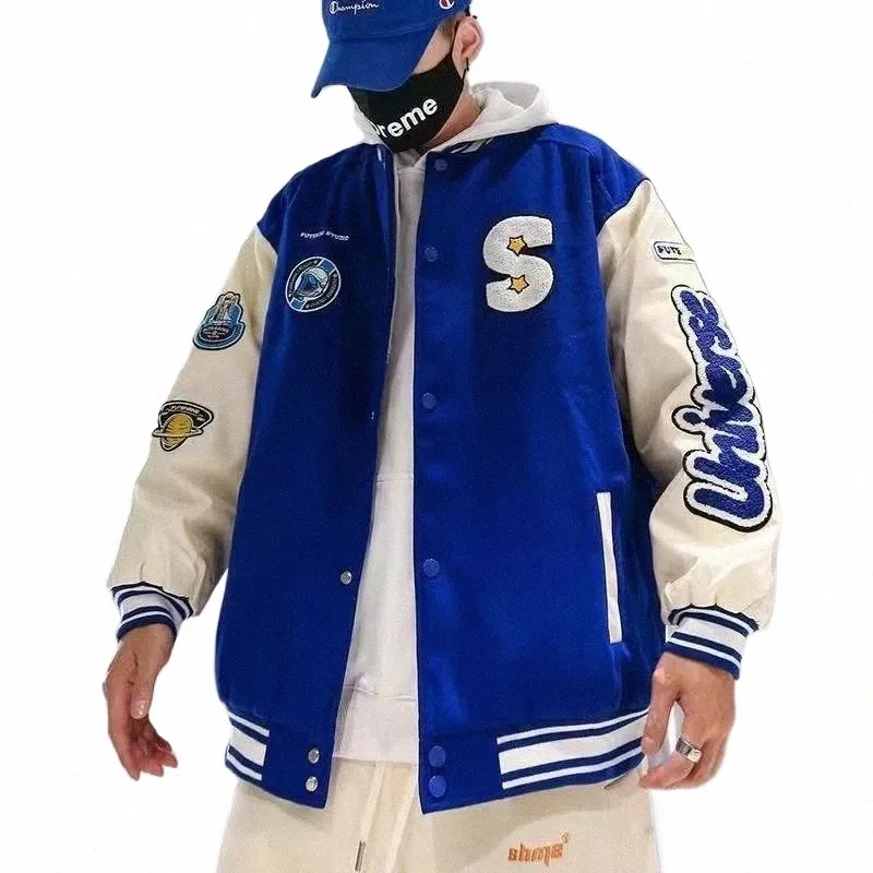 Hip Hop Baseball Furry Varsity Jacket Unisex Embroidered Bomber Coat