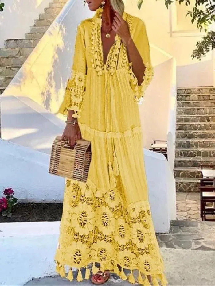 Boho Long Tassel Dress for Women Floor-Length Polyester Short Sleeve V-Neck  Autumn Plus Size from Dhgate Basic & Casual Dresses - price 39.45