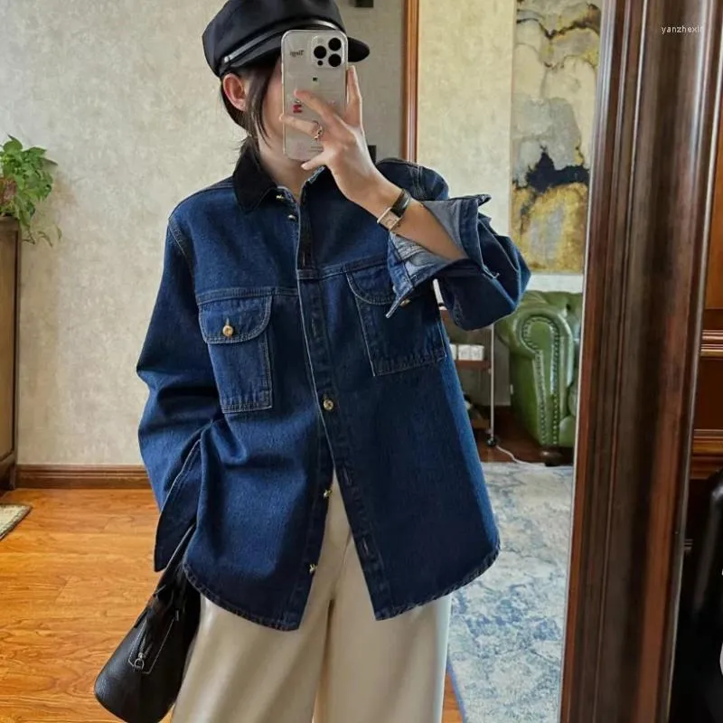 Women s Jackets Autumn Contrasting Corduroy Collar Vintage Denim Jacket For Women
