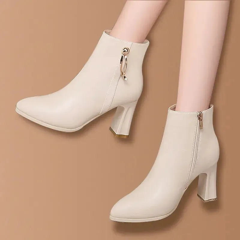 Women s Cream Mesh Pointed Toe Short Boots Versatile Fashionable Rubber Upper High Heel