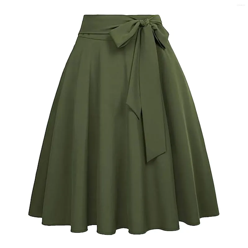 Womens High-Waisted Belted Solid A-Line Flared Midi Skirt