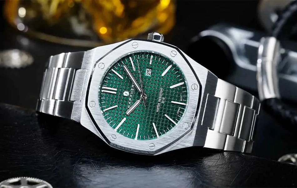 Relógio Masculino SAPPHERO - Aço Inoxidável - Mostrador Verde - À Prova D'água