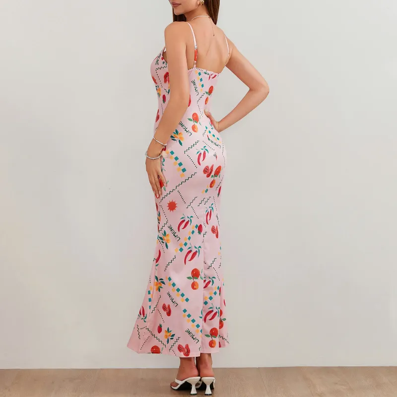 chinese dress ladies Pink Fruit Print Cotton Maxi Dress - Strapless Dresses