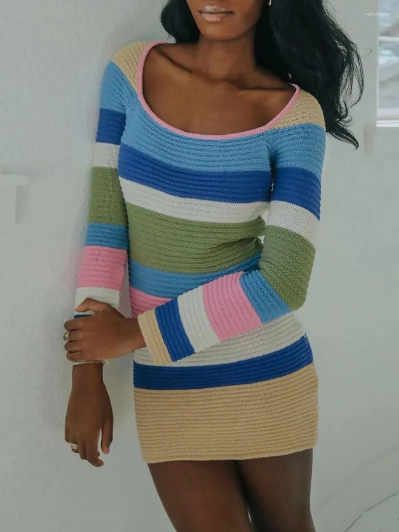 Women's Crochet Knit Long Sleeve dress with Color Block Stripe and Square Neckline - Perfect for Casual Wear, Beachwear, and Sweater Days