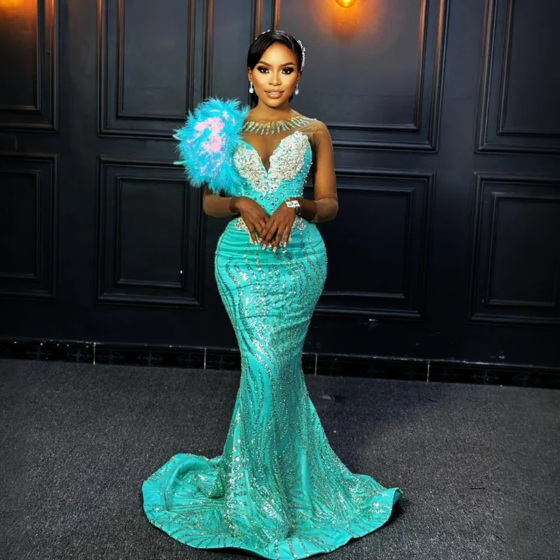 Mint Prom Dress Feathered Mermaid Tulle Lace Long Sleeve Jewel Neck Sweep  Train with Beaded Appliques from Dhgate Prom Dresses - price 296.47