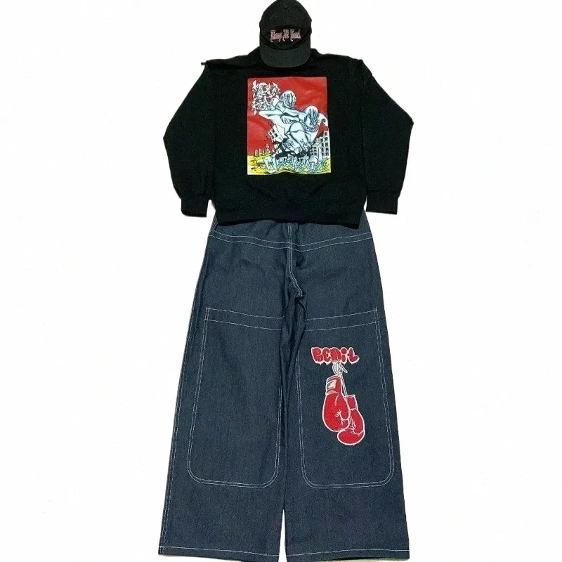 Embroidered Tribal Streetwear Hip Hop Denim Jeans for Men