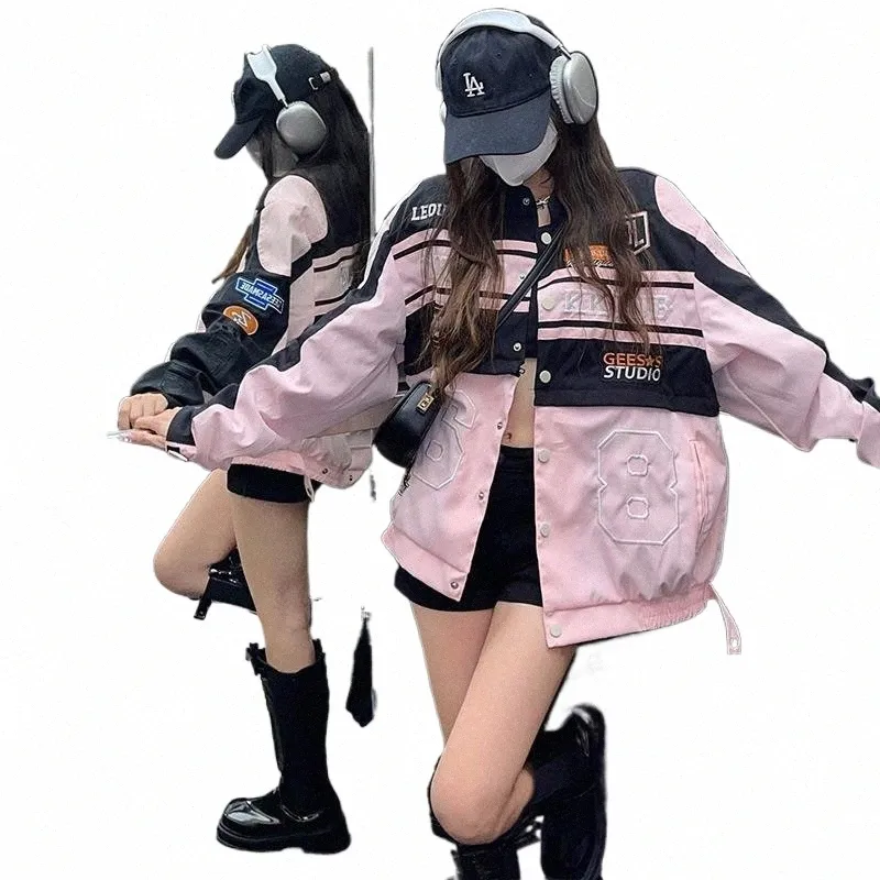 2024Unisex Pink Y2K Jacket, Vintage Oversized Moto Racing