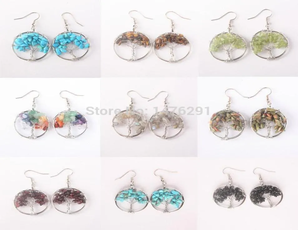 8 Pairs Natural Tumbled Stone Dangle Earrings - Chakra Gemstone Chip Set, Drop Hook Style