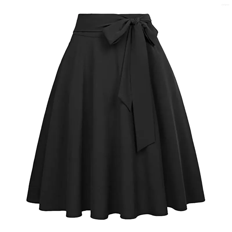 Women's High Waist A-Line Midi Skirt With Bow Tie - White & Black Casual Spring Summer Skirt