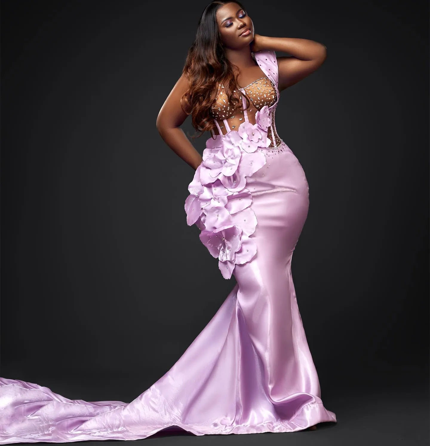 Plus Size Lilac Mermaid Prom Dress with Florals, Crystals, and Satin for  Special Occasions