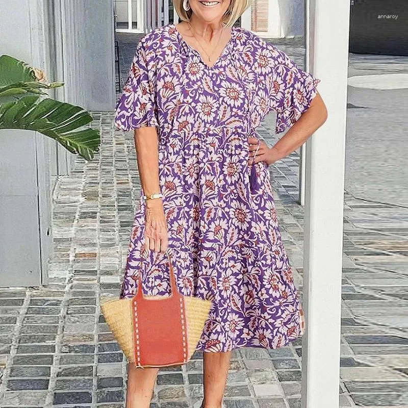 white christmas dresses Botanical Print Drawstring Half Sleeve Loose Midi Dress main image 1