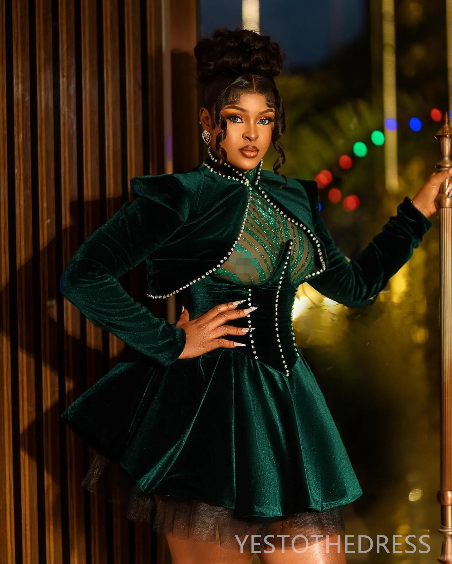 Velvet Dark Green High-Neck Lace Appliqued Tiered Cocktail Dress with  Jacket from Dhgate Cocktail Dresses - price 196.0