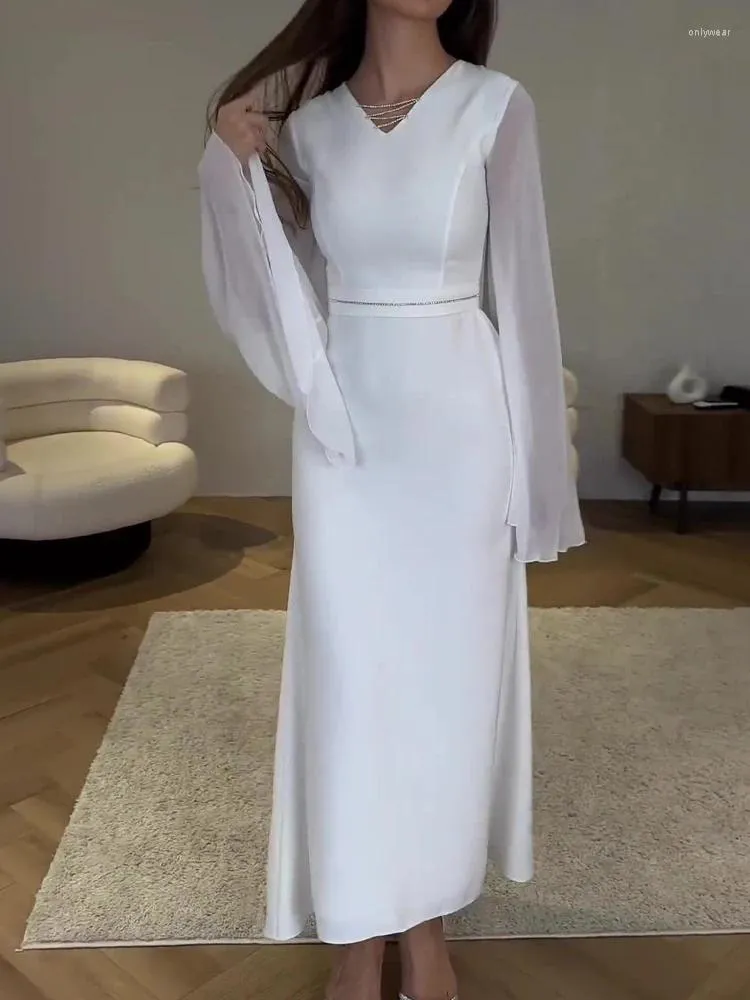 French Elegance: White V-Neck Maxi Dress with Flowy Sleeves for