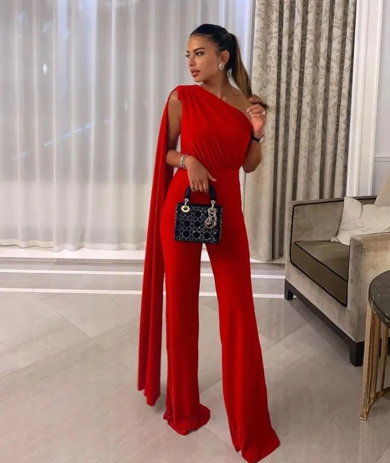 Elegant Red Jumpsuit Evening Dress One Shoulder Prom Gown, Floor