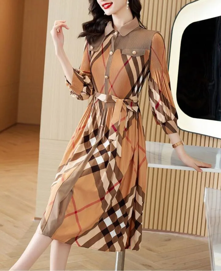 5XL Oversized Luxury Plaid Pleated Maxi Dresses for Women: Elegant