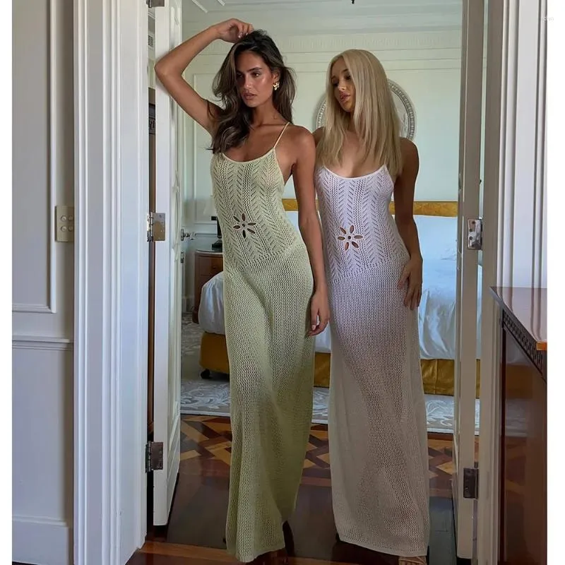 Summer Knitted Suspender Beach Maxi dress - Sexy Hollow Out Maxi Cover-Up for Women's Bikinis and See-Through Beachwear