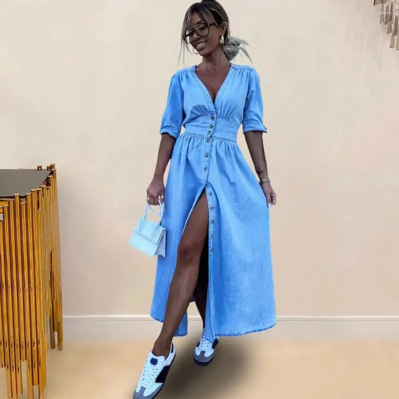 Elegant Denim Maxi Dress with Deep V-Neck, Pleated A-Line Silhouette, High Split Hem - Perfect for Parties and Casual Wear for Women