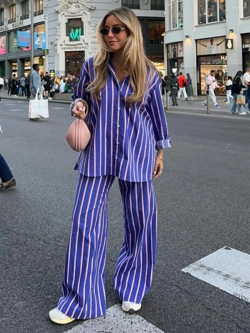 Womens Two Piece Pants Set with Striped Long Button Shirt and
