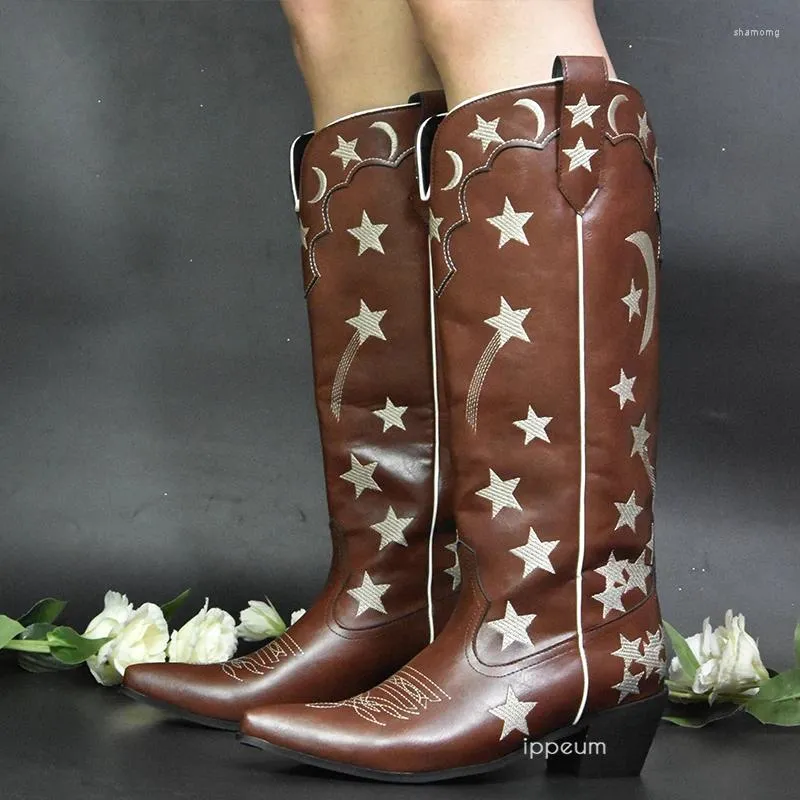 Boots IPPEUM Brown Cowboy Star Embroider Western Knee High Shoes Plus Size 43 White Leather Cowgirl Vintage Botte Femme