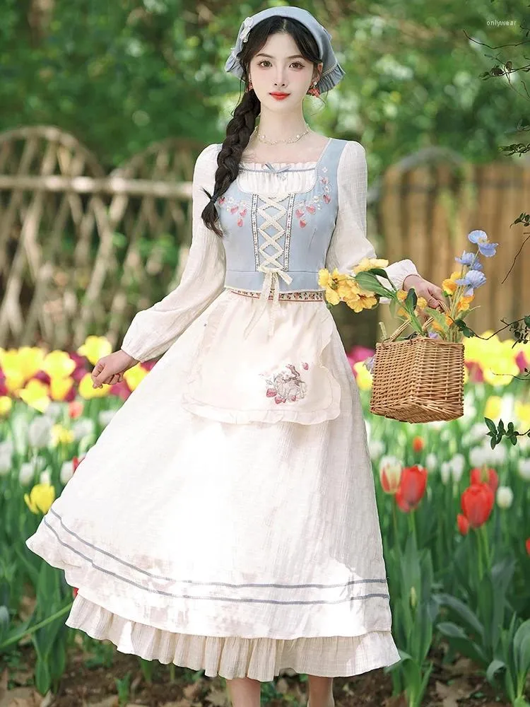Cottagecore Mori Girl Prairie Dress Embroidered Linen Cotton Robe for Women