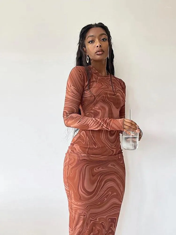 Long Sleeve Bodycon Dresses For Women Evening Party Clothes O-neck Mid Calf Sexy Vestidoes de Mujer One Piece Outfits Streetwear