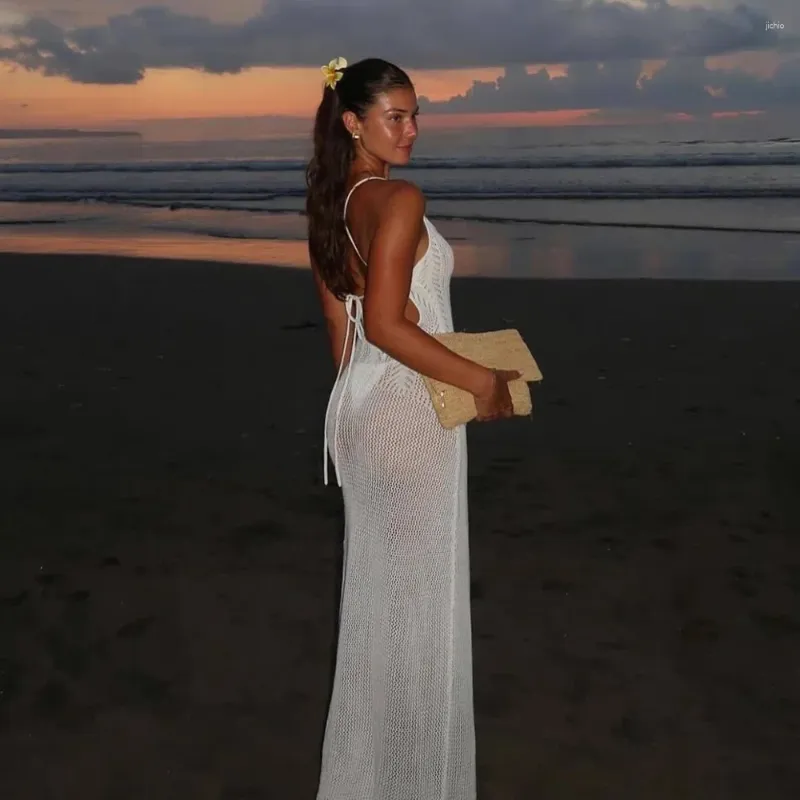 Summer Knitted Suspender Beach Maxi Dress - Sexy Hollow Out Maxi Cover-Up for Women's Bikinis and See-Through Beachwear